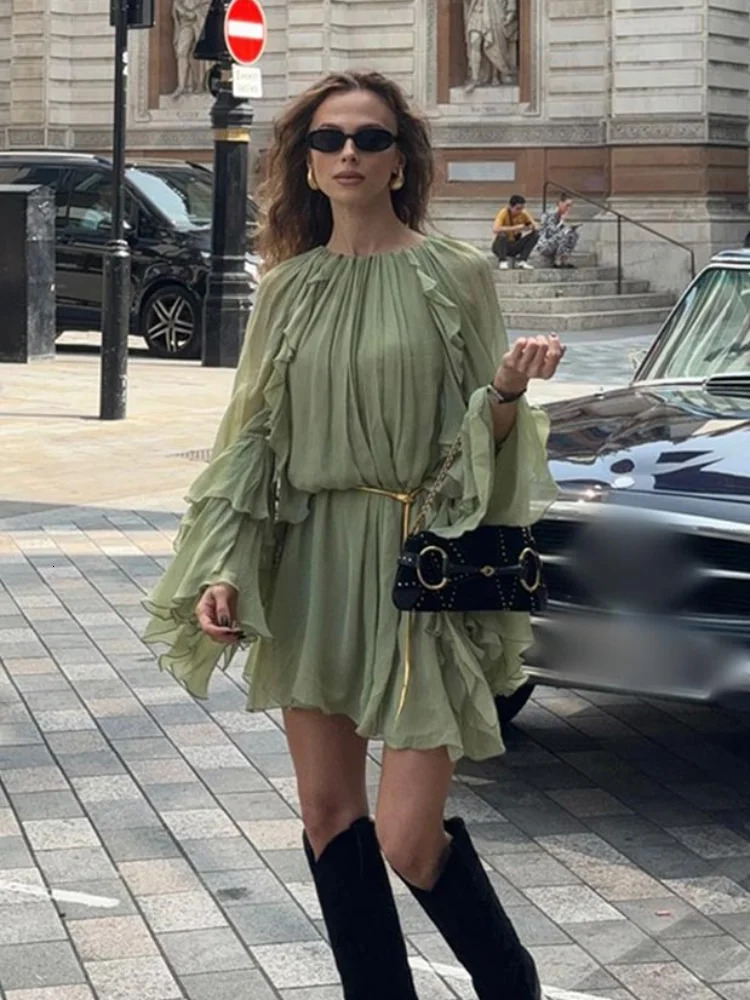 Womens Fashion Green Ruffle Pleated Mini Dress Casual Long Flare Sleeve High Waisted Dresses 2024 Lady Vacation Elegant Sundress 250206