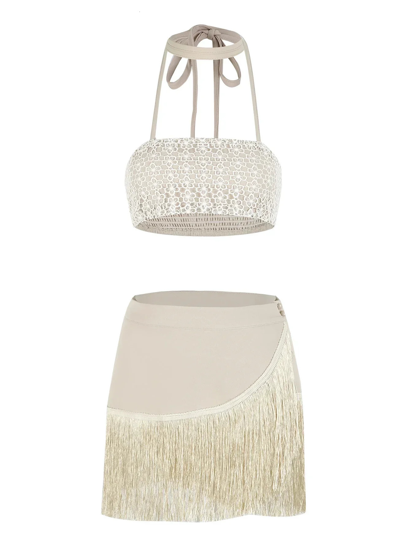 Summer Two Piece Skirt Sets Sexy Sleeveless Short Bandeau Top Elegant Tassel Skirt Chic Beach Outing Women Bandage Suits 250206