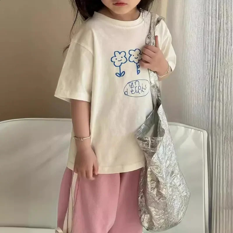 Summer Kids T-shirts cartoon flowers printed short sleeve Girls Tees Little Princess cotton loose Tops 250207
