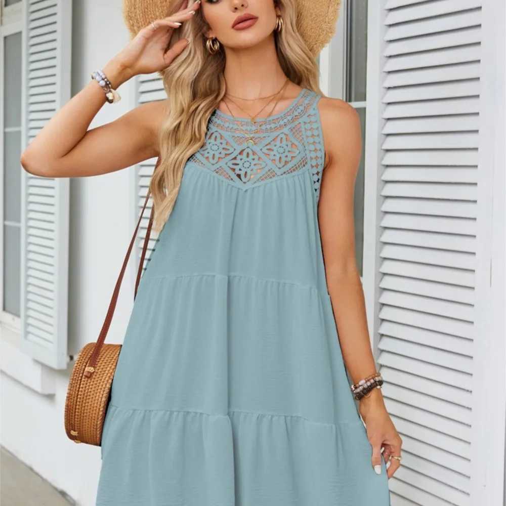 Fashion Sexy Hollow Lace Patchwork Halter Neck Women A Line Dress Summer Casual Solid Color Loose Beach Holiday Fe SundressXJ2500207