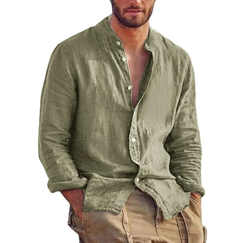 Sweatwear Mens Long Sleeve Shirt Linen Solid Color Shirts Trend Stand Collar Casual Lightweight Breathable Tops Hawaiian Shirt 250206