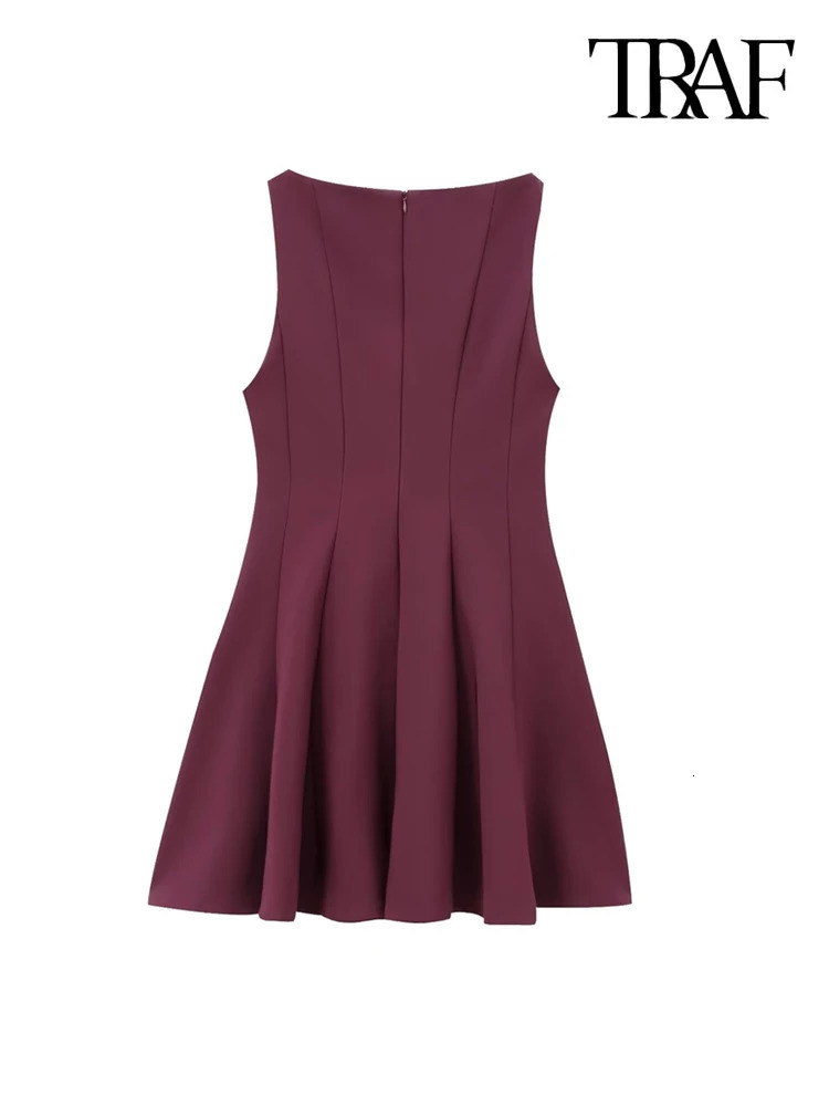 TRAFWomens Flared Mini Dress Boat Neck Sleeveless Female Dresses Chic Fashion 250206