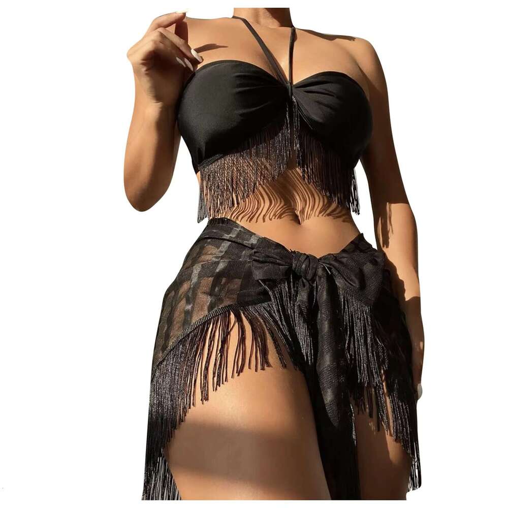 Mesh Three Piece Womens Sexy Tassel Bra Sg Suit Cover Women'S Swimsuit Bikini Woman 2024 Trend Push Up