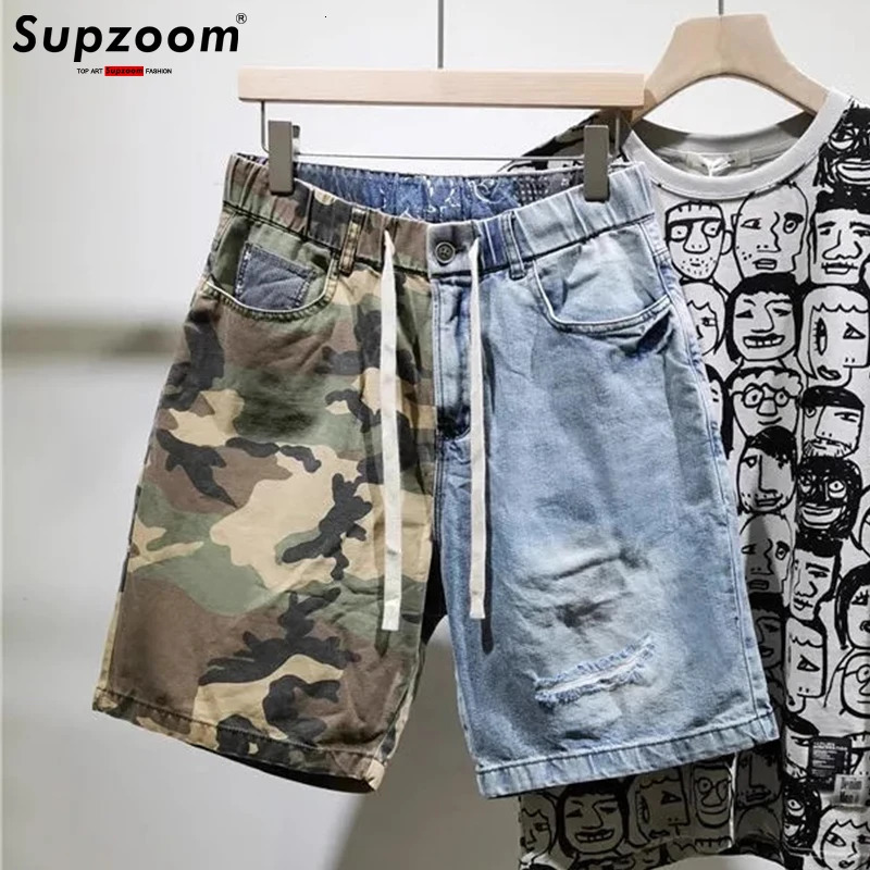Supzoom 2023 Arrival Ulzzang Summer Pattern Length Zipper Fly Stoashed Camouflage Patchwork Jeans Shorts Men 250207