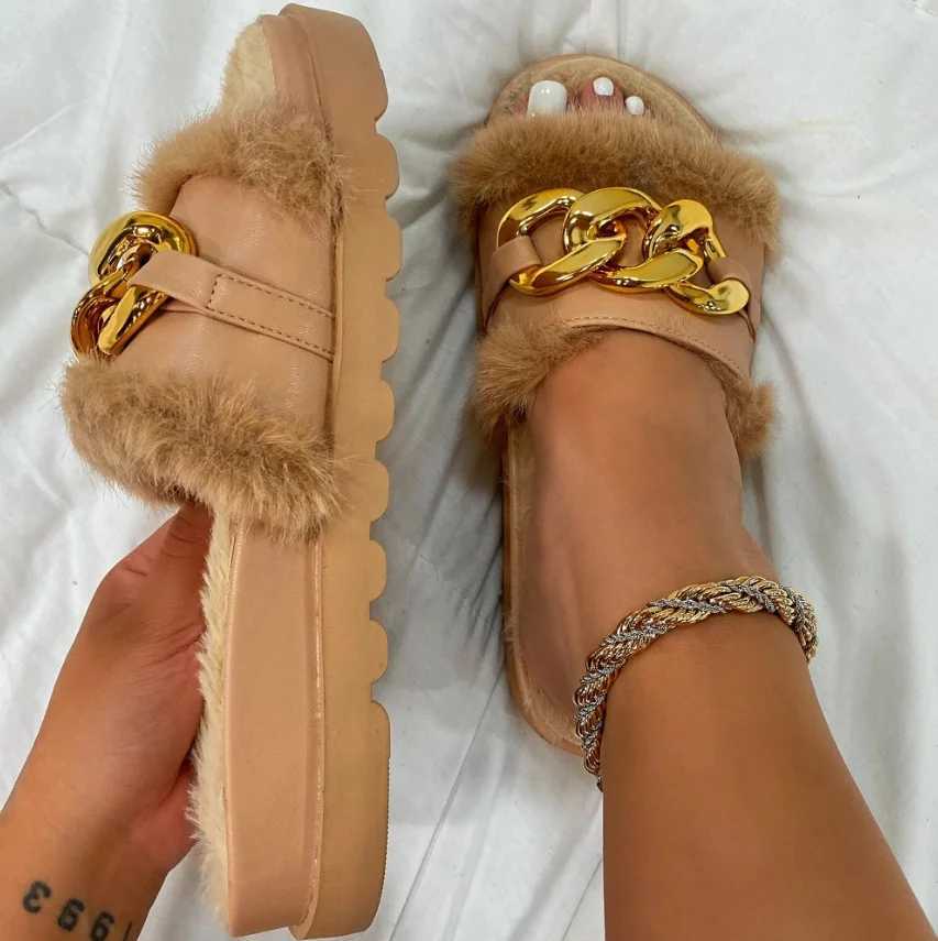 2024 Women Autumn/Winter New Luxury Brand Metal Buckle Hairy Slippers Chain Slippers Home Sandals Fi SlippersXJ250207