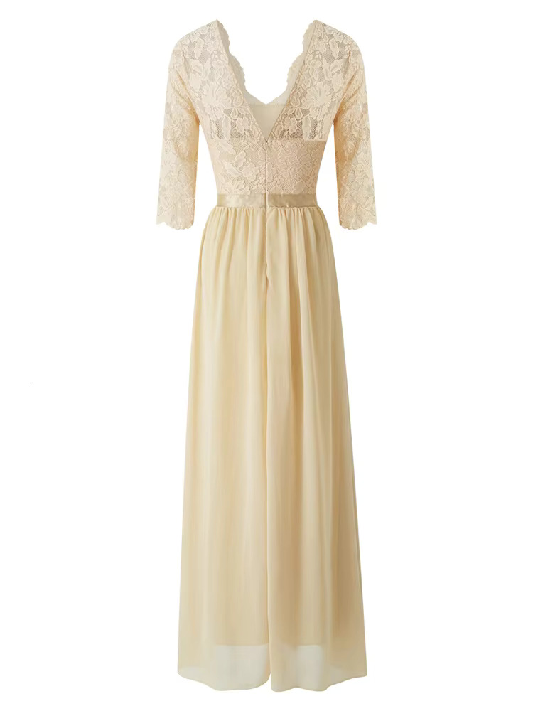 Women's Long Dress Patchwork Lace V-Neck Half Sleeve Pleated Dresses For Party Wedding Evening Elegant