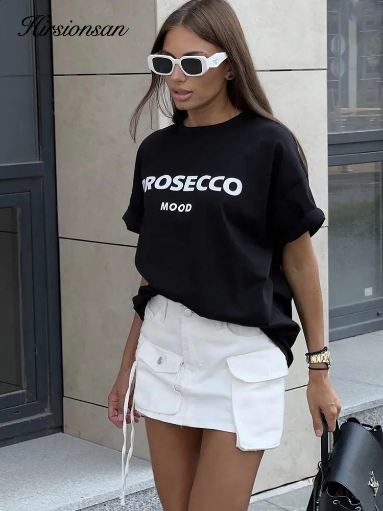 Hirssionsan 100% pure cotton letter printed T-shirt for women in summer basic retro tee casual loose chic O-neck womens couple top 250206