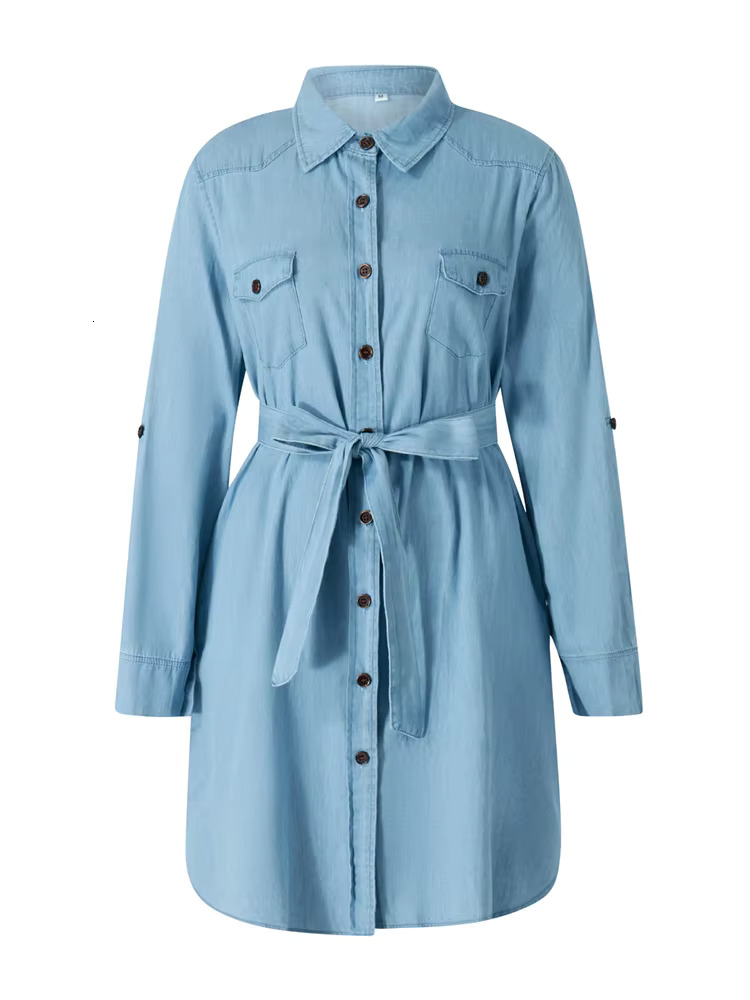 Women Autumn Denim Shirt Solid Color Long Sleeve Button-Down Lapel Short Dress With Belt