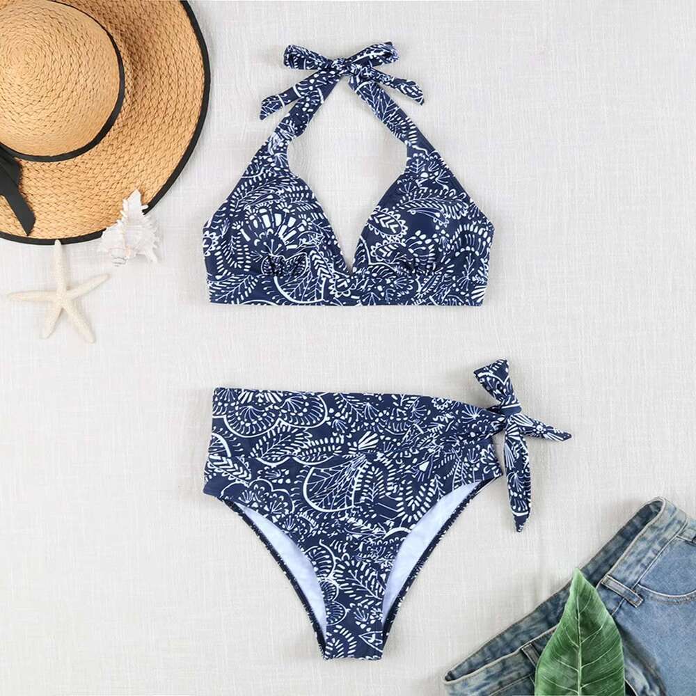 Big Breast Wrap Bikinis Women'S Personality Fashion Comfortable Vintage Printed Pure Color Plus Size Biquinis Summer Beachwear