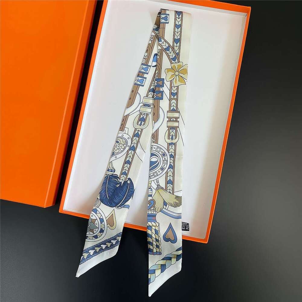 high-end twill printed women's white small tie bag handle, silk tie, wrist scarf, decorative headband