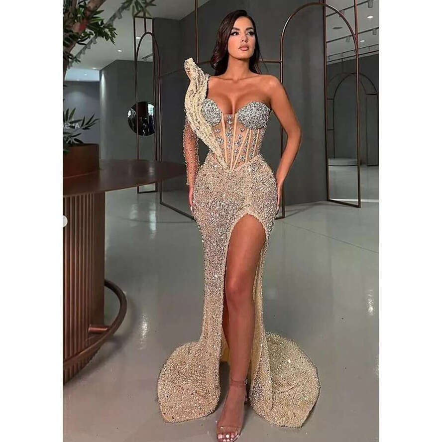 Elegant One Shoulder Evening Dress New Fashion Slit Ladies Formal Banquet Party Prom Gowns Vestidos De Noche