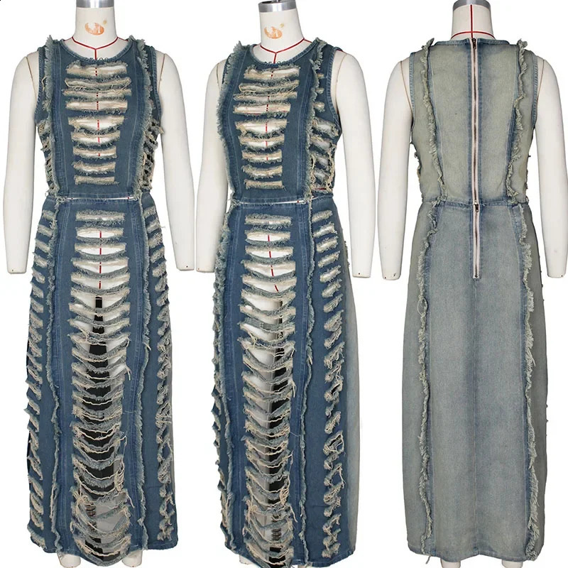 Streetwear Ripped Hole Denim Two Piece Set for Women Y2K Birthday Outfits Sleeveless Crop Top and Side Slit Long Skirt Sets Jean 250207