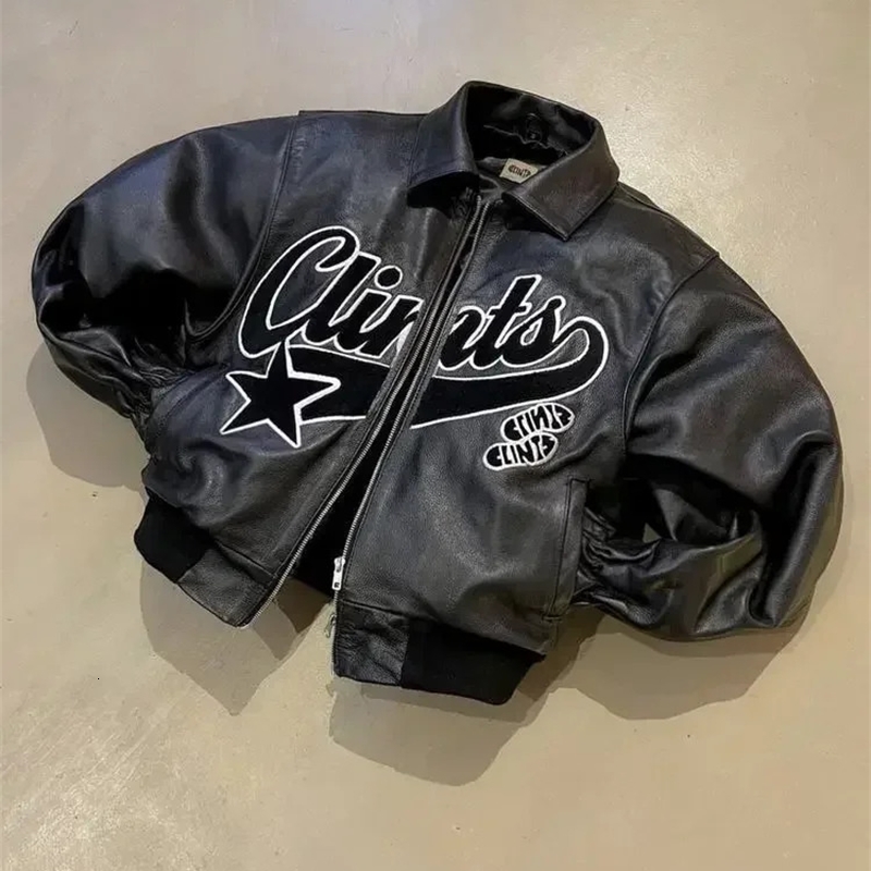 Retro Embroidery Jackets Y2K Coats Mens Hip Hop Leather Jacket Motorcycle Wear Leather Zipper Jacket Coat Streetwear 250206