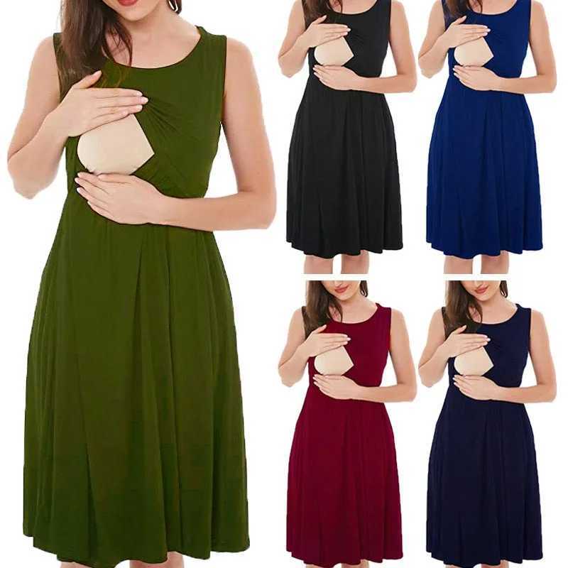 Womens Pregnancy Sleeveless Nursing Stitching Solid Colors Dress Maternity Dress Breastfeeding Clothes Knee Pregnancy Dresses W250207