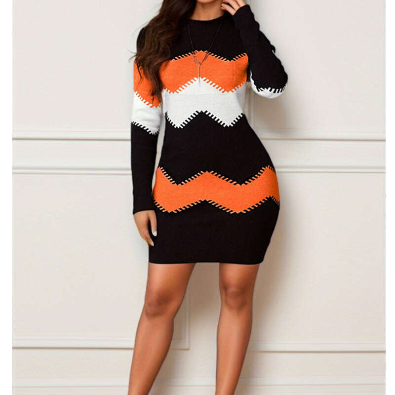 European American women's mid to short skirt, round neck, long sleeved printed knitted hip hing dress, 2024 new style, chic and elegant clothing