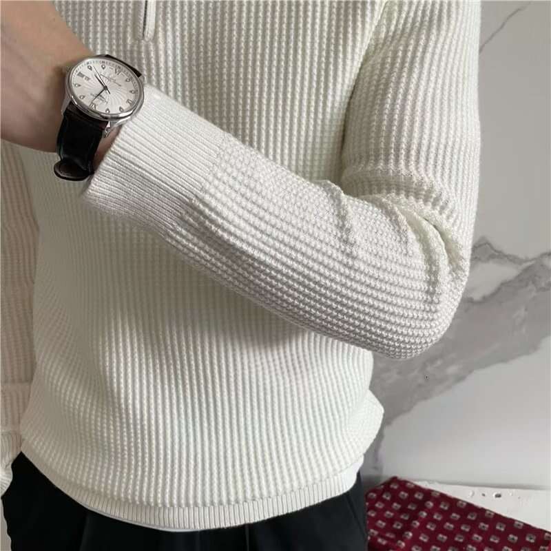 Men's Clothing Knit Pullover Zipper Polo Neck Sweater Leisure Streetwear Popular Retro Solid Color Long Sleeve Knitwear