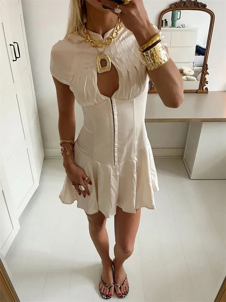 Tossy Satin Hollow Out Fashion Mini Dress For Women Patchwork Short Sleeve High Waist Slim Elegant Party Dress Spring Y2k Dress 250206