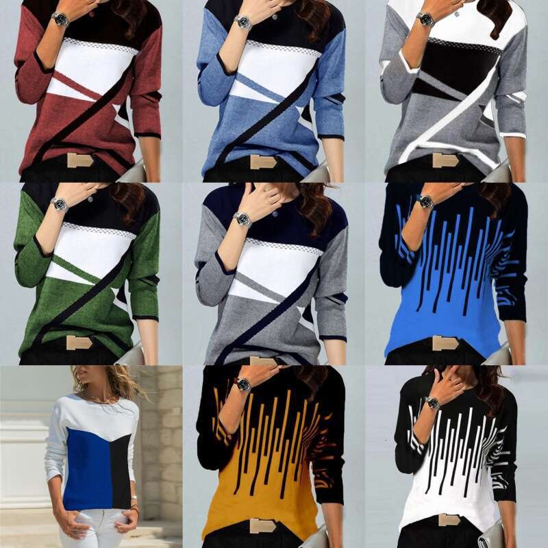 2021 women's supports sales of color blocking positioning printed round neck long sleeved T-shirts on various platforms. 2024 new casual fashion 