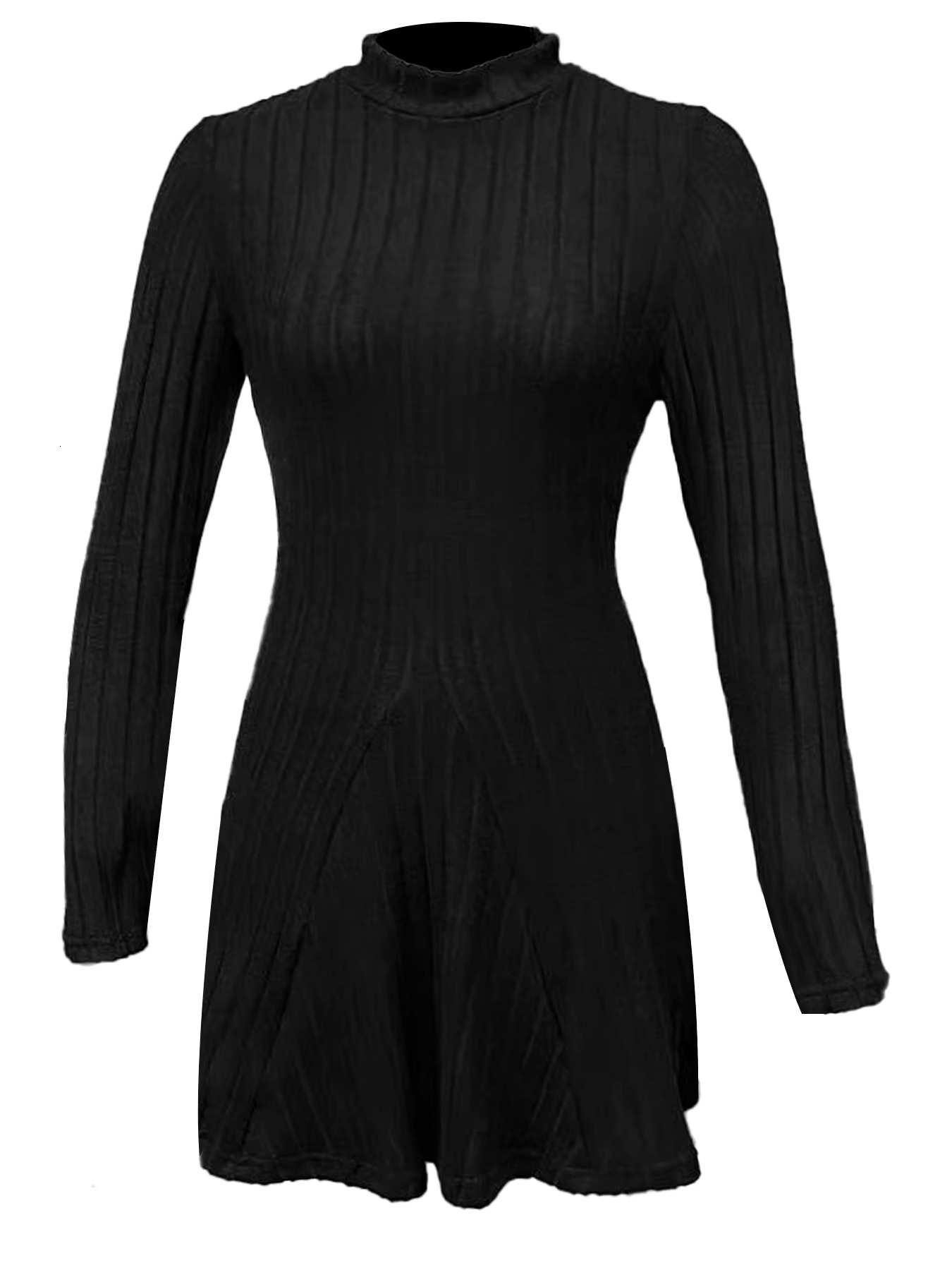 Women's Slim Fit Half High Collar Waist Cinched A-E Skirt Long Sleeved Pit Stripe Dress