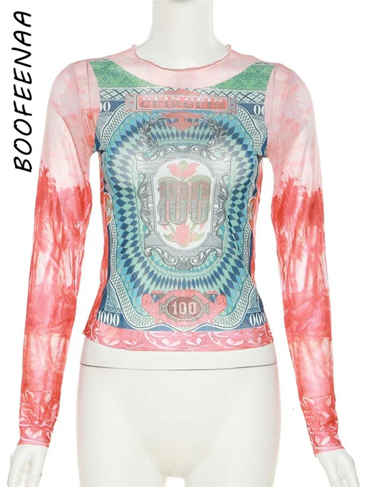 BOOFEENAA Stylish Print Mesh Long Sleeve Crop Tops Vintage Y2k Streetwear Graphic T Shirts Fall Trending Clothes C87-AI12 250206