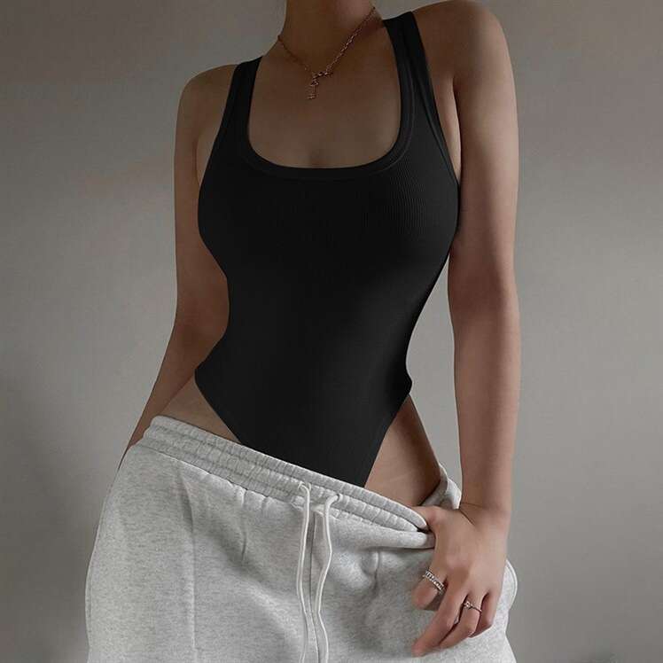 Explosive 2025 European and American Summer Women's Wholesale Solid Color Slimming U Neck Sleeveless Tank Top jumpsuit with Versatile Style, New 