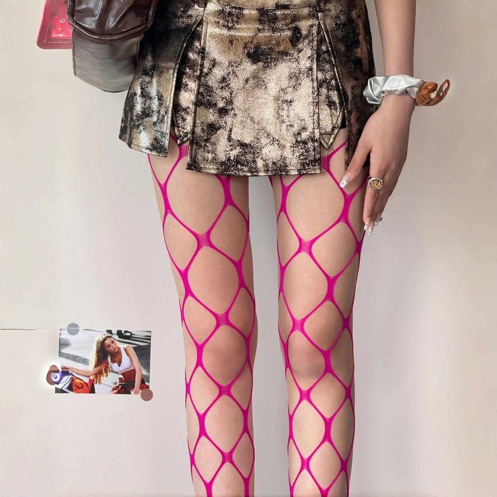 1 Piece Punk Mesh Stockings Goth Broken Fishnet Stockings Black Back Line Hollowed Out Pantyhose Women 250207