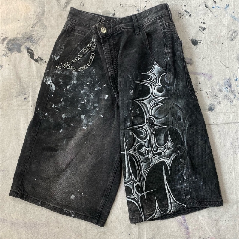 Y2K Harajuku Fashion Oversized Geometric Print Denim Short Men Vintage Gothic Hip Hop Casual Joker High Waist Shorts 250120