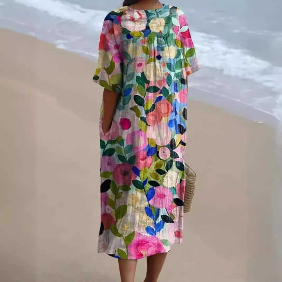 Women Floral Print Summer Mini Dresses Colorful V Neck Short Sve Casual Loose Vacation Workout Beachwear Dress Robe Tr 2025XJ2500207
