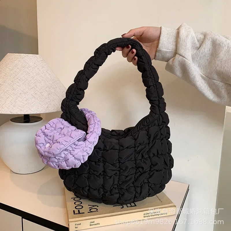 Mini Puffer Tote Bag for Women Quilted Wrist Handbag Nylon Padded Phone Purse Clutch Small Coin Bags For Travel Shopping 250206