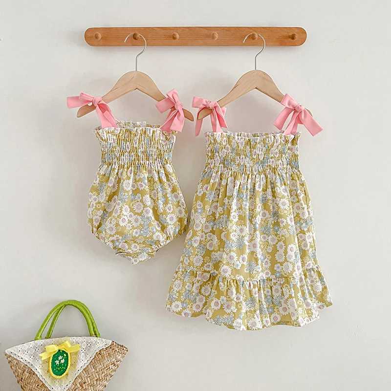 Summer Baby Girls Clothes Girls Sling Dress Flower Print Sleeveless Baby Romper Princess Dress Family Matching Sister Outfit W250207