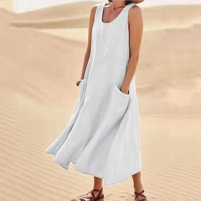Summer Pocket Sveless Round Neck Womens Cotton And Linen Dress Lady Loose Solid Color Pullover Big Swing Orange Red DressXJ2500207