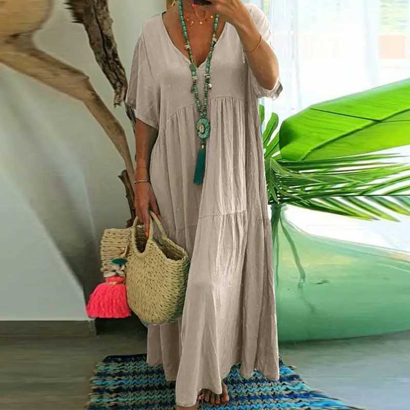 Summer New Casual Solid Color Cotton Hemp Short Sve Long Womens Dress Simple Loose Beach Maxi Fe Fashion Dresses 2023XJ2500207