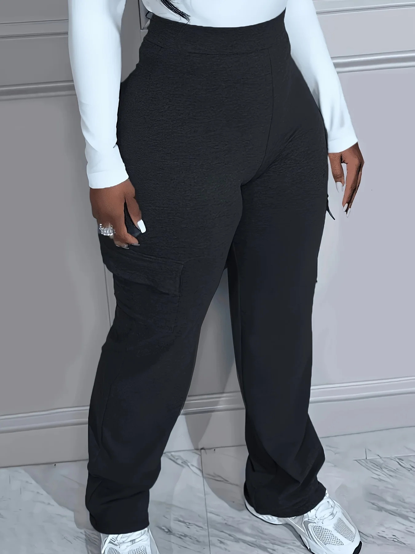 Plus Size Solid Pocket Pants Casual High Waist Pants For Spring Fall Womens Plus Size Clothing 250207