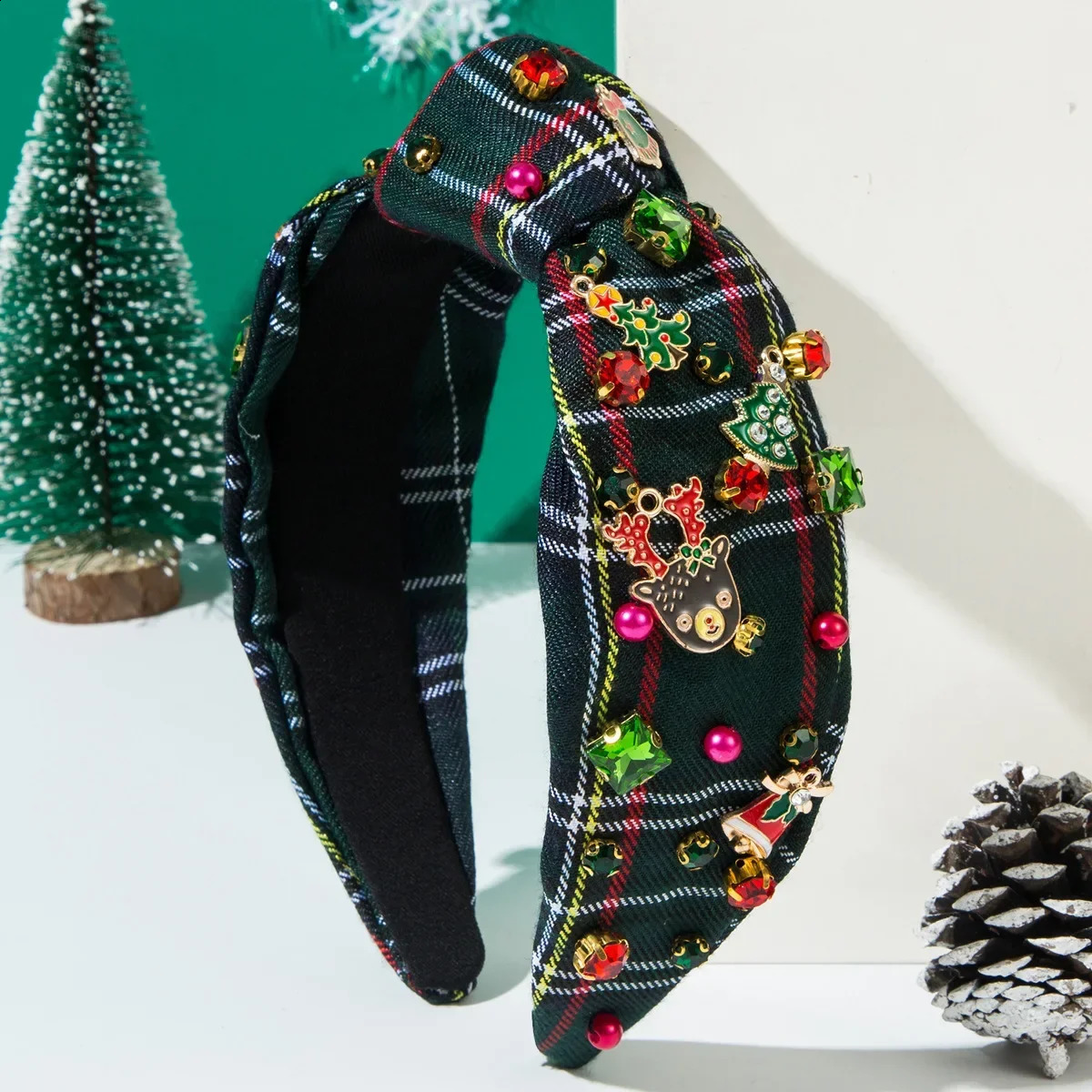 -selling Checked Fabric Knotted Headband Inlaid with Christmas Accessories Vintage Holiday Hair Accessories 250207
