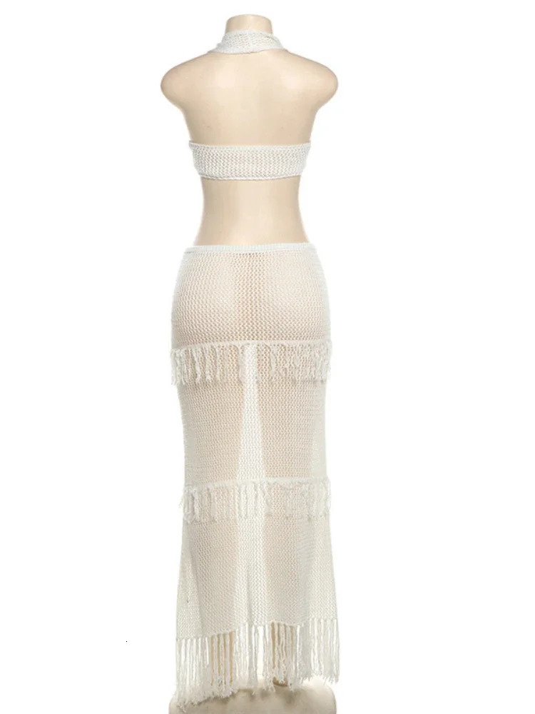 Leosoxs Beach Vacation 2 Piece Set Knit Women Y2K See Through Halter Low-Neck Tank TopTassel Multilayer Skirts Sexy Clubwear 250206