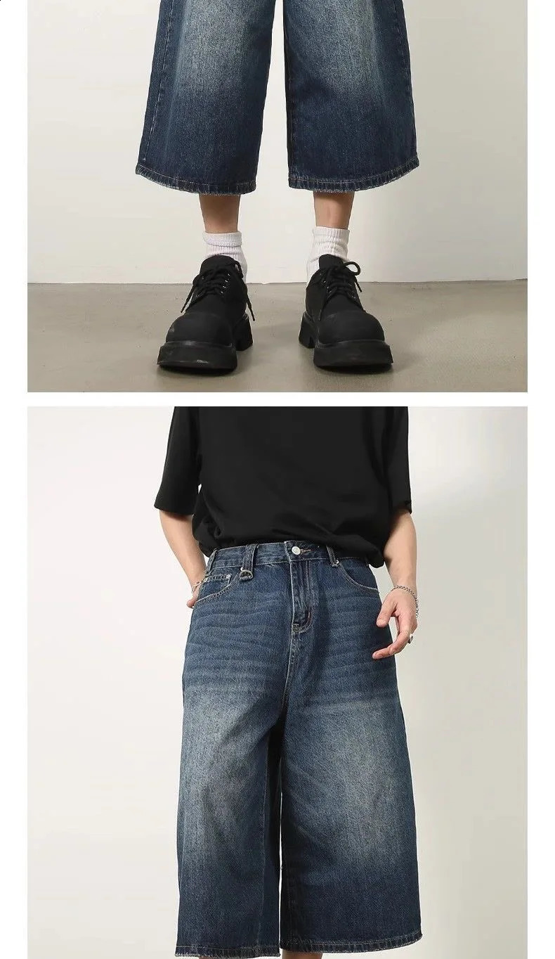 Retro Y2k Baggy Women Men Black Jeans Low Waist Casual Wide Pants Frayed Denim Shorts Big Size Clothes 250206
