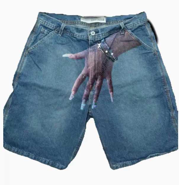 Retro hip-hop blue Baggy hand print men denim shorts Y2K Gothic Harajuku sports pants basketball shorts long pantsX240914