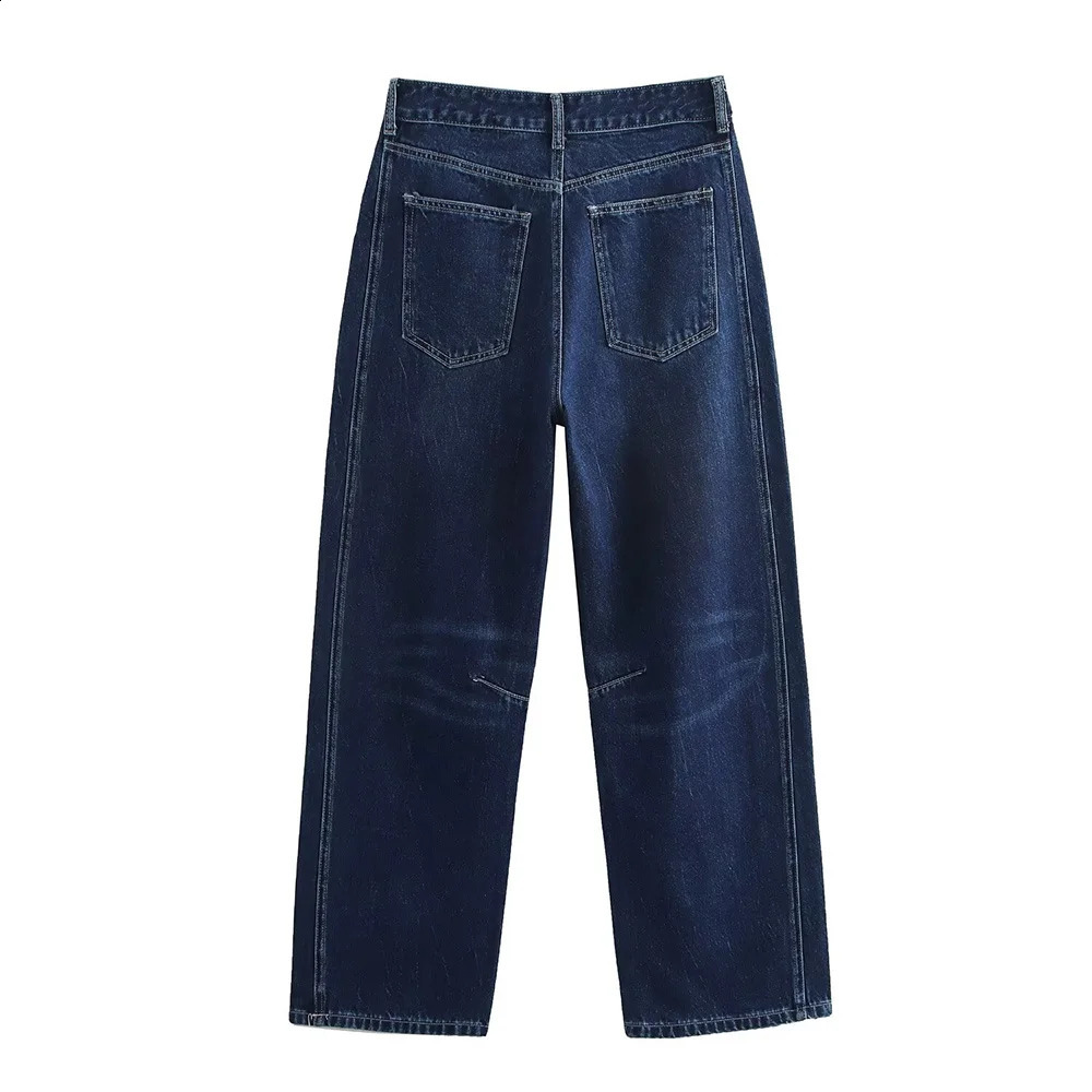 ZATT Autumn Collection Deep Blue Easy Match Mid Waist Appear Slim Women Long Balloon n Loose Denim Pants 250206