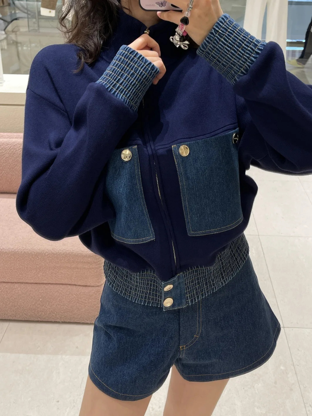 French Patchwork Pocket Denim Women Coat Elegant High Quality Zip-up Lapel Jacket Vintage Fashion Knit Tops Female Clothing 250121