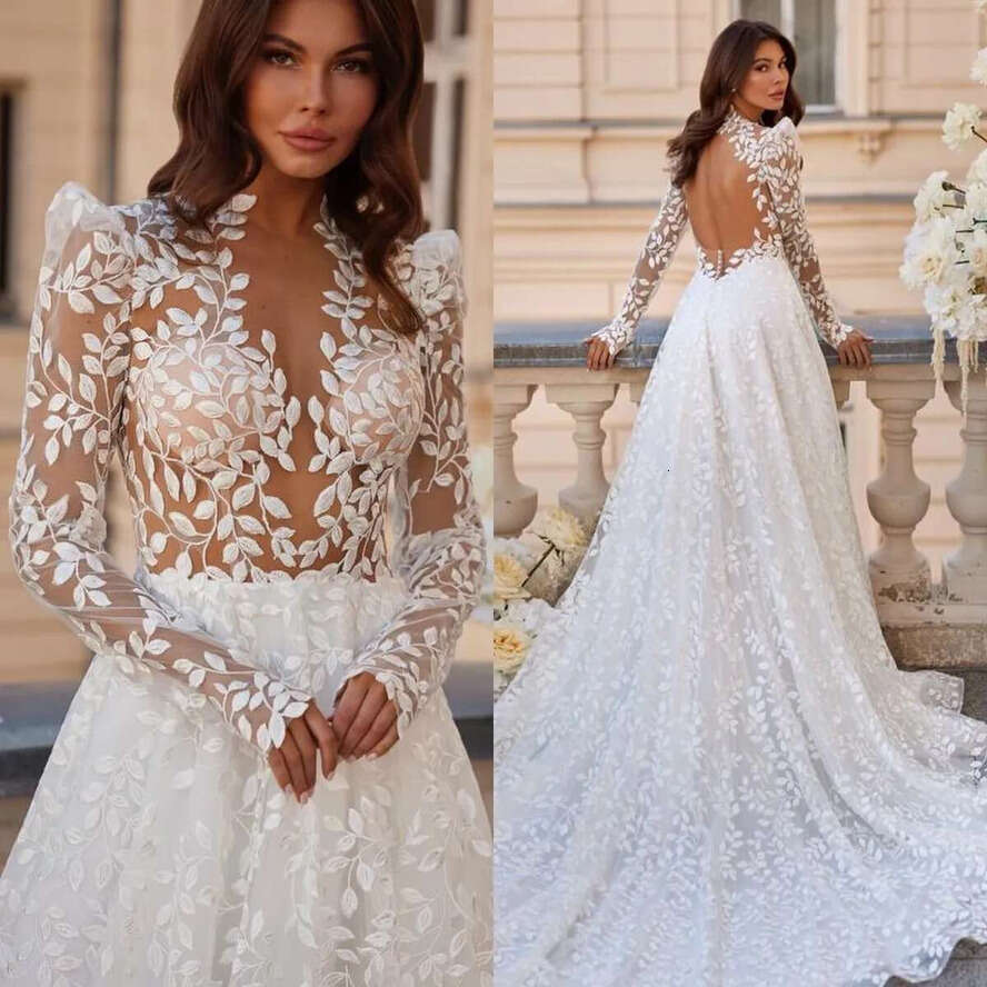 Leaf Gorgeous Lace Dresses Bridal Gowns Long Sleeves Boho Wedding Dress A E Backless Button Robe De Mariee