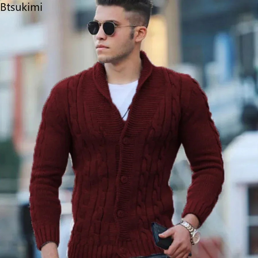 Autumn Winter Mens Warm Knitted Sweater Solid Single-breasted Twisted Texture Cardigan Lapel Slim Buttoned Thick Sweater Male 250206