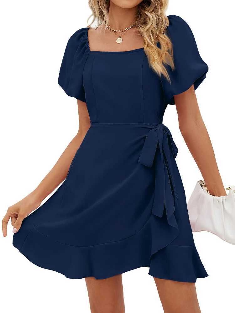 Sporty chic 2024 Womens Summer Wrap Dress Short Sve Casual Square Neck Ruffle Mini Dress Casual Loose PolyesterXJ2500207