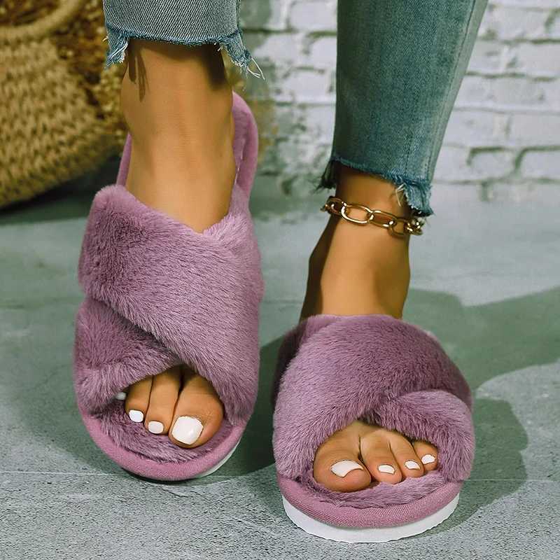 Cross opening spring and autumn home anti slip flat bottomed couple style fiable and simple open toed hairy slippersXJ250207