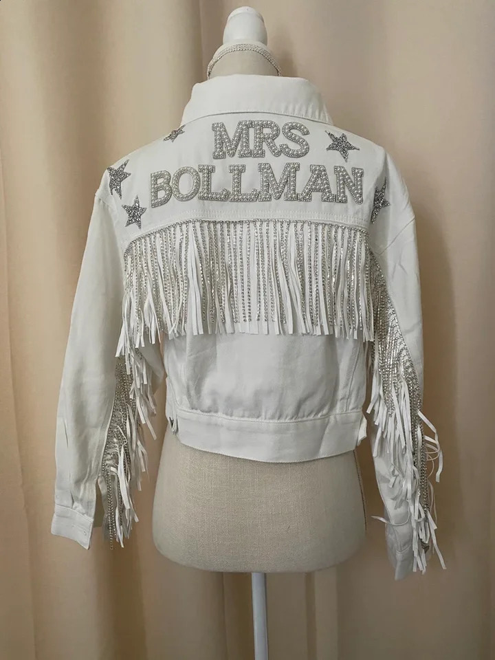 White Fringe Pearl Rhinestone Denim Jacket with Stars Nashville Bachelorette Western Bride Custom Bride Jacket Personalized 250121