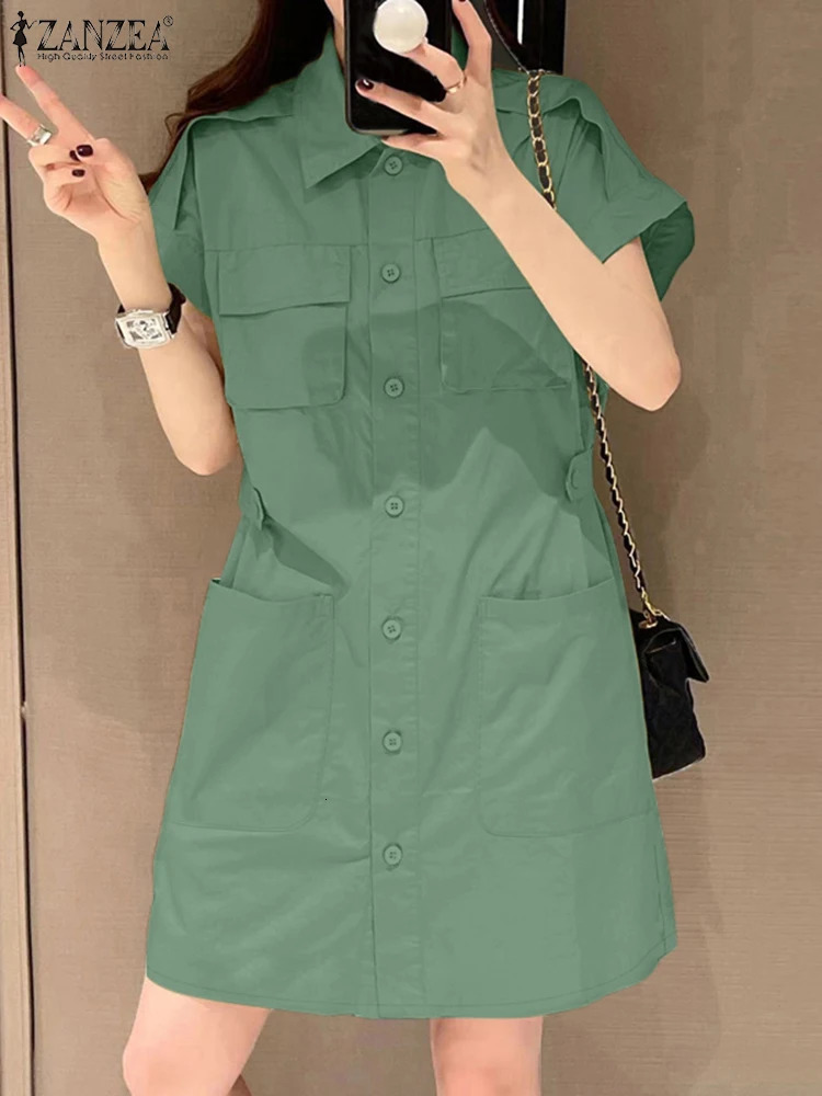 2025 ZANZEA Summer Fashion Collar Short Sleeve Dress Commodity Elegant Solid OL Work Sundress Vestidos 250206