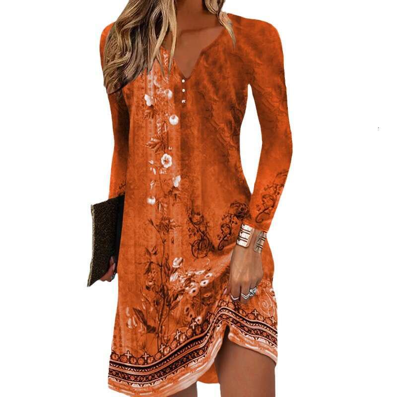 hot autumn long sleeved V-neck button irregular dress for women's clothing, 2024 new style, chic and elegant clothing