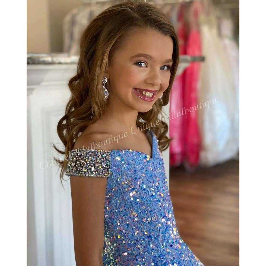 Iridescent Girl Pageant Dress 2023 Veet Sequin Beading Off-Shoulder Little Kid Birthday Formal Party Gown A-E Toddler Teens Preteen Or-Length Pink Ivo