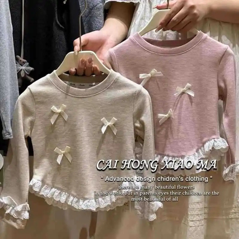 Korean Spring Autumn Kid Girls Long Sleeved T-shirt Lace Bottom Bow Splicing Children Girls Tops Solid Stretch Baby Girl Shirt 250207