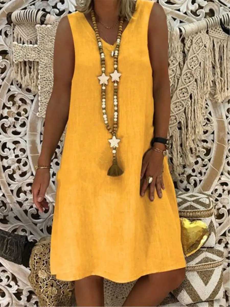 Summer Womens Fashionable Yellow V-neck Sveless Vest Vestidos 2024 Womens Casual Cotton Linen Patchwork Loose Mini DressXJ2500207