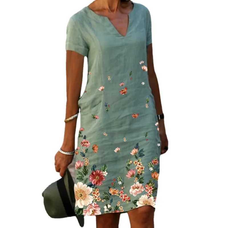 Casual Loose Print Vintage Summer Women Printed Cotton Short Sved V-neck Sexy Midi Dresses Ele Vestido Feminino S-5xlXJ2500207